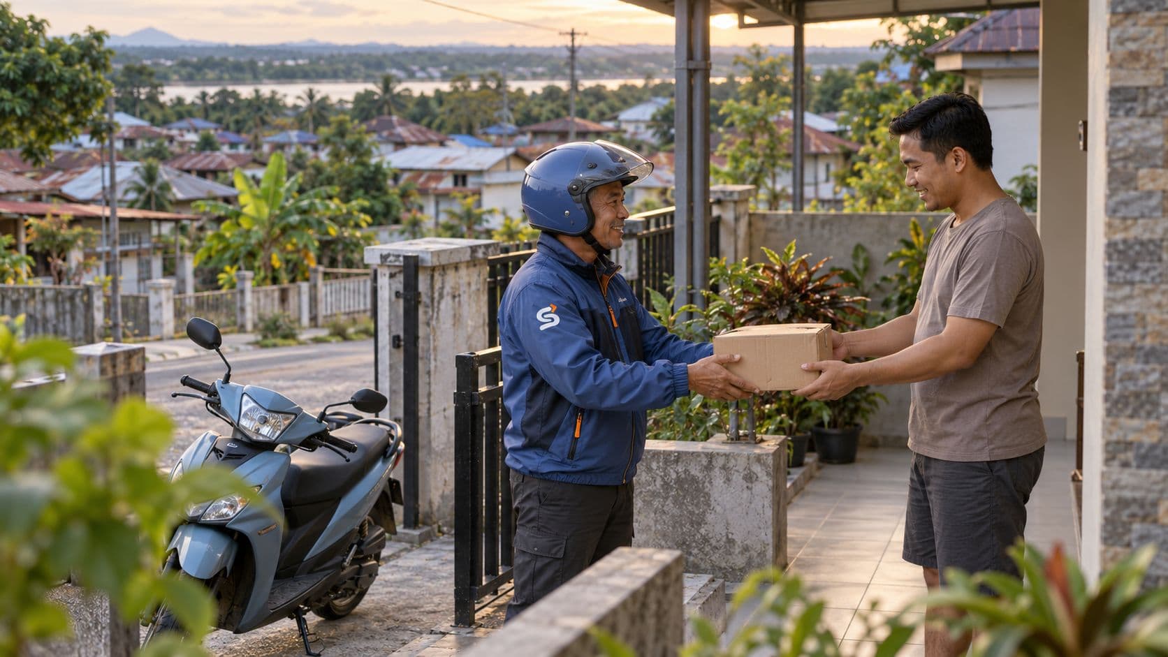 Driver Sidak menyerahkan paket kepada pelanggan di teras rumah